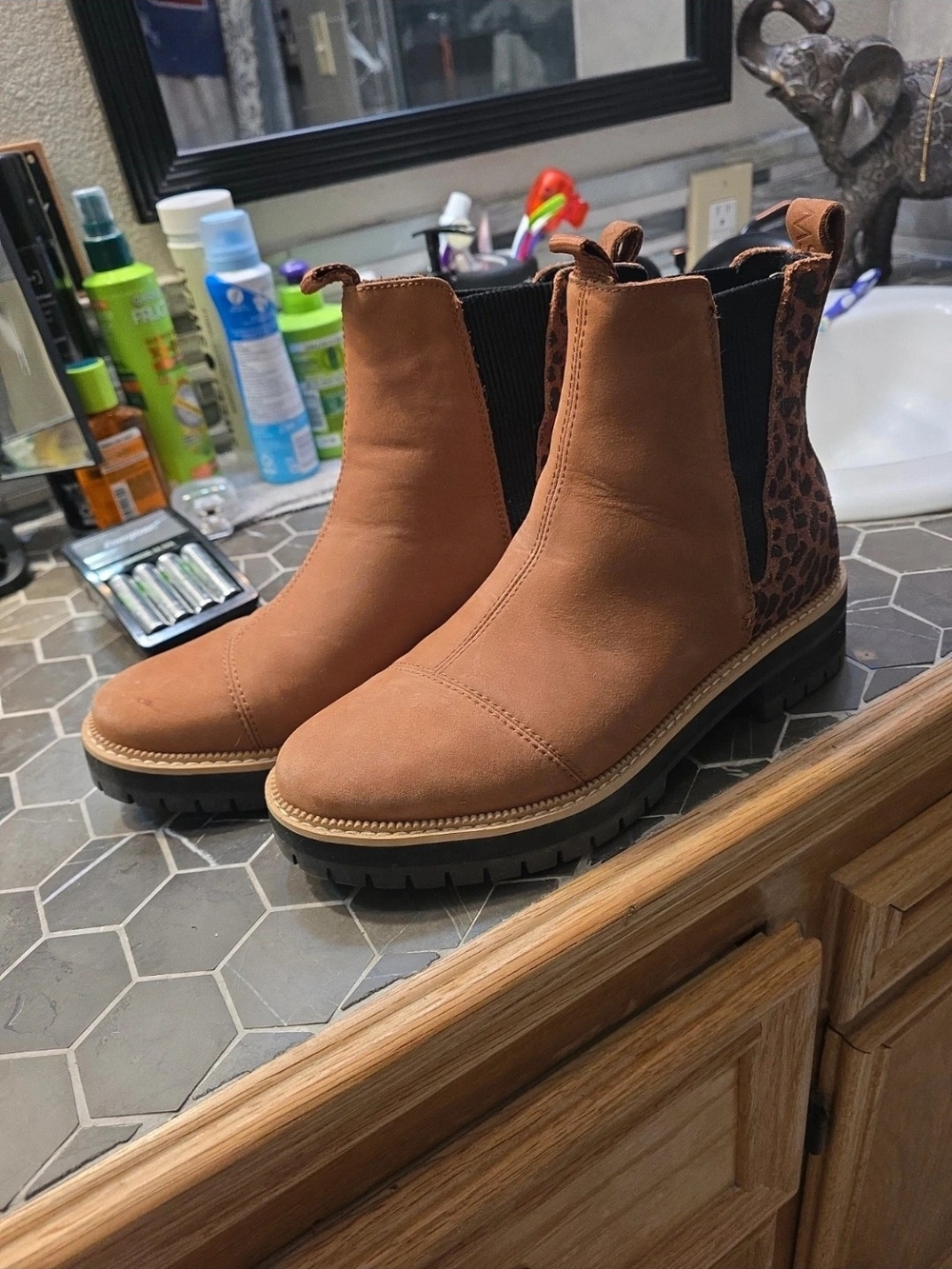Toms Brown Chelsea Booties with Leopard Heel Panel